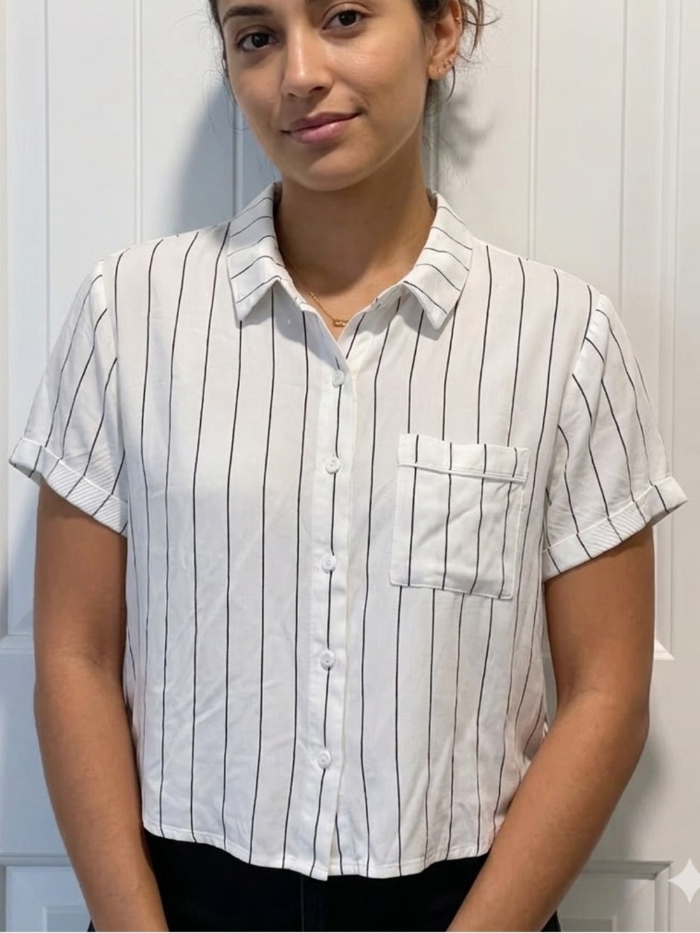 Forever 21 White Vertical-Striped Button Crop Top